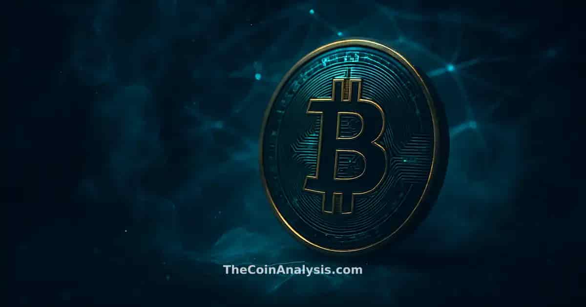 Pièce de Bitcoin stylisée avec liseré doré, réseau lumineux et fumée sur fond bleu nuit profond