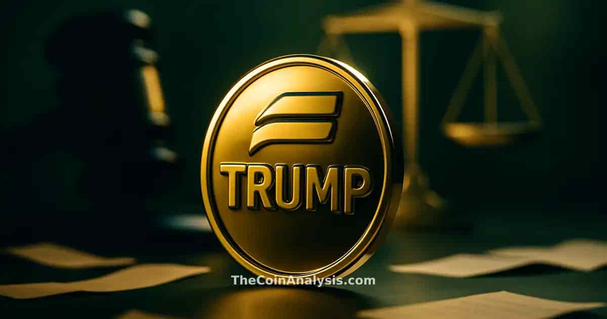Symbole TRUMP crypto brillant au centre, entouré d’un marteau, balances de justice et fragments de documents flous.