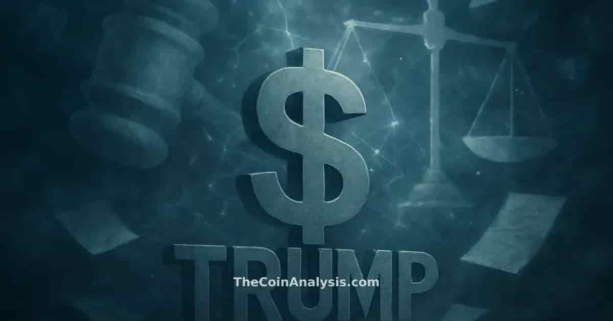 Symbole TRUMP stylisé entouré d'un marteau, balances de justice géométriques et documents légaux flottants.