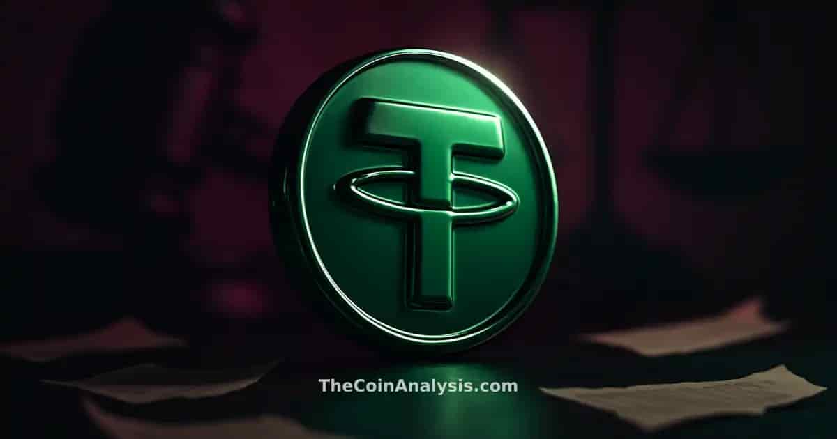 Symbole 3D brillant du stablecoin Tether en premier plan, balance de justice et marteau en arrière-plan flou.