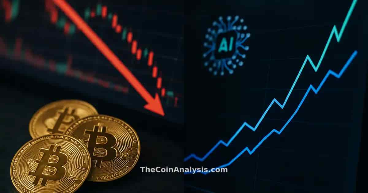 Pièces de Bitcoin en déclin devant des graphiques boursiers numériques en chute, face à des courbes AI en hausse.