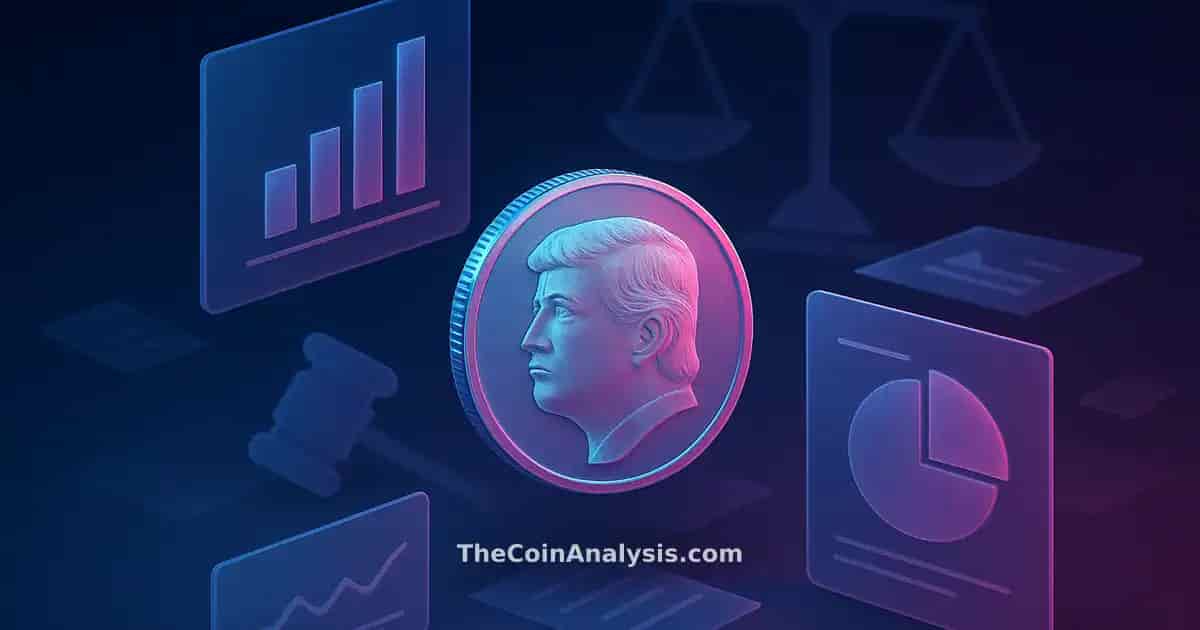 Pièce stylisée TRUMP flottant avec balances de justice géométriques et panneaux vitrés holographiques en bleu et magenta.