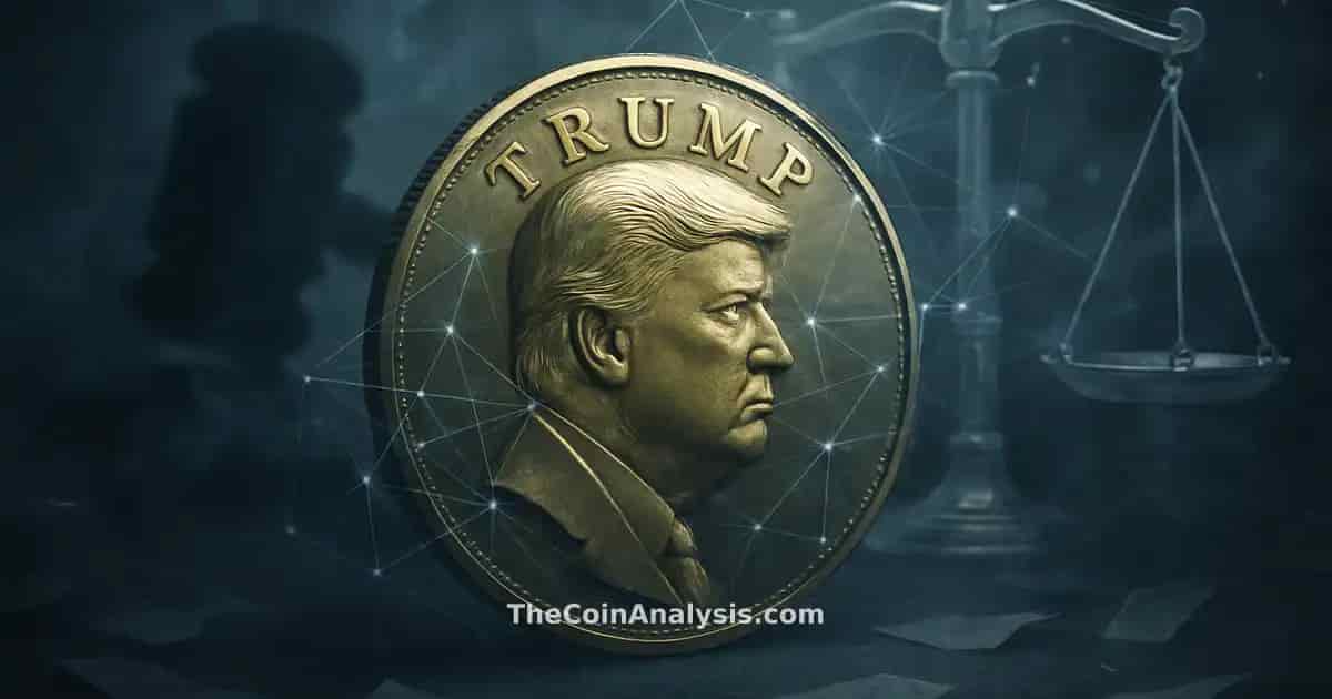Pièce TRUMP stylisée entourée d’écailles de justice translucides, gavel abstrait, fumée et filaments lumineux.