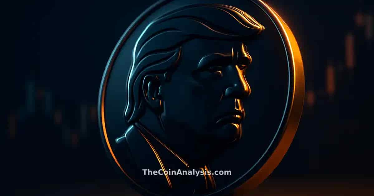 Glyphe 3D brillant de memecoin TRUMP en lumière dramatique, fond de chandeliers boursiers flous et sombre.
