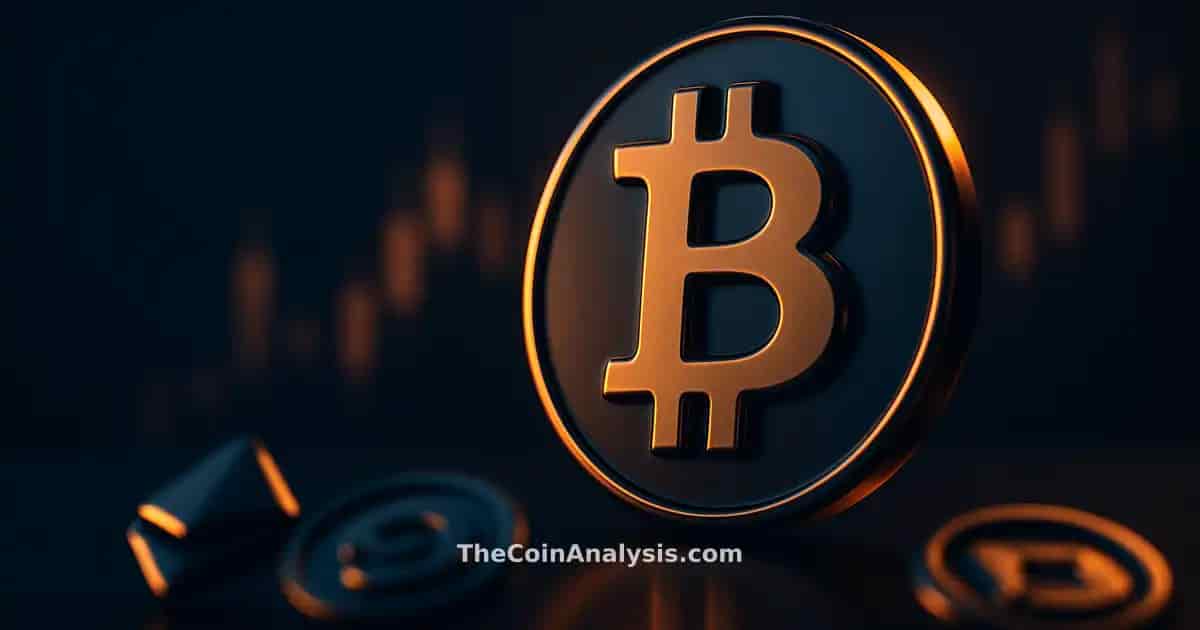 Symbole Bitcoin 3D brillant sur surface réfléchissante avec silhouettes abstraites de chandeliers boursiers en arrière-plan.