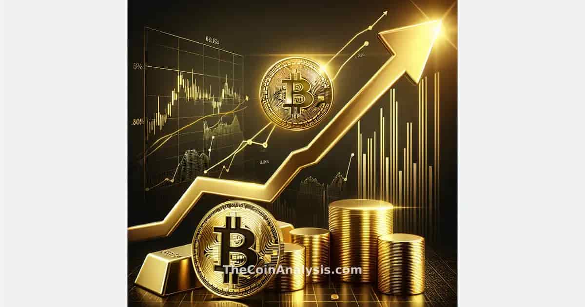 Illustration numérique d’un Bitcoin doré s’élevant au-dessus de graphiques boursiers stylisés et d’une barre d’or sur fond sombre.