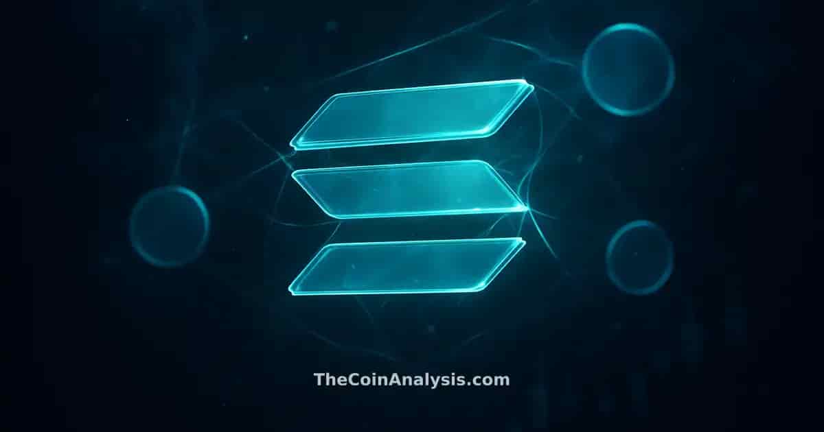 Glyph Solana en verre lumineux entouré de filaments réseau, particules lumineuses et formes de stablecoins flottants