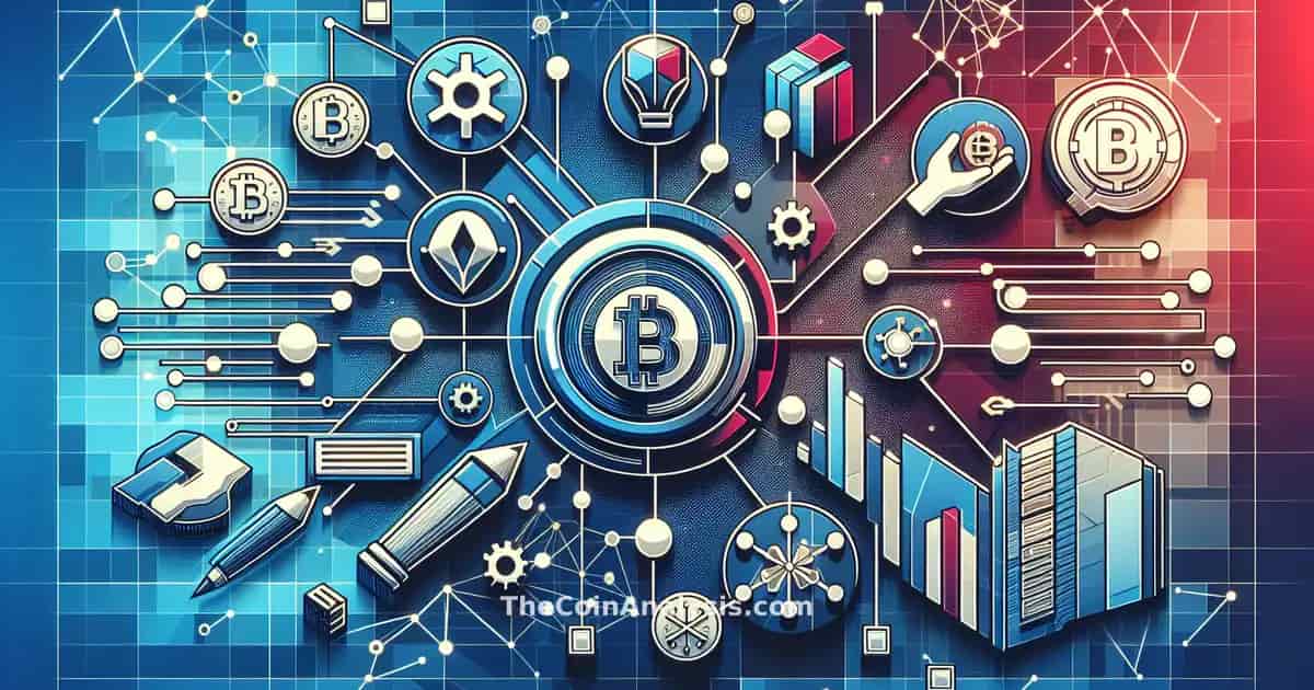 Graphique dynamique montrant symboles cryptos abstraits, réseaux digitaux enchevêtrés et lumière rouge d'urgence.