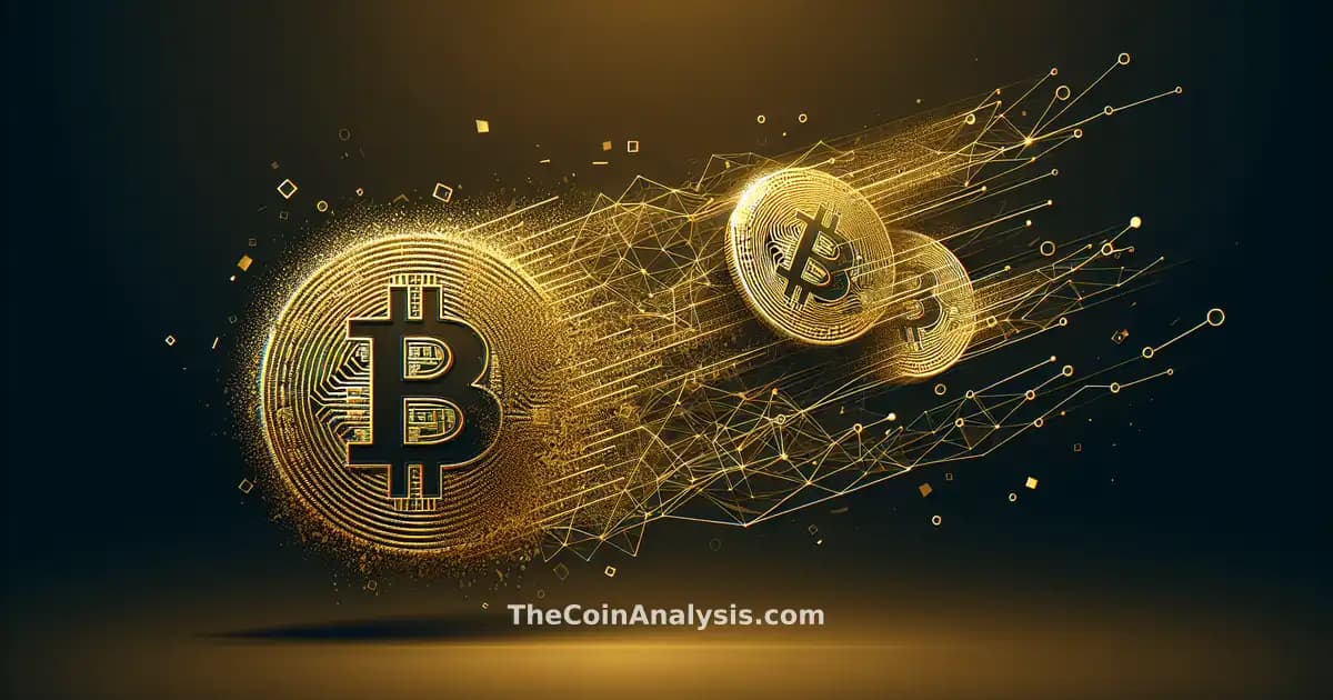 Pièces dorées Bitcoin se dissolvant en lignes numériques abstraites sur fond minimaliste blanc.