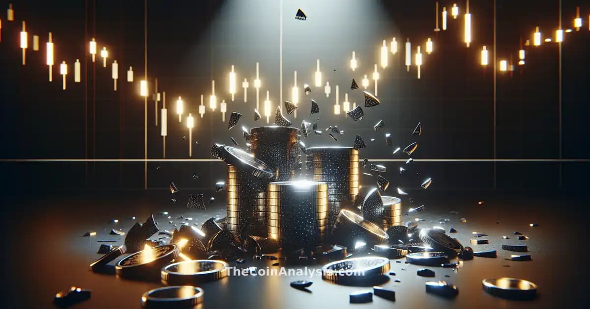 Pièces Polkadot 3D brillantes se brisant devant un graphique en chandelier, éclairage dramatique et profondeur cinématographique.