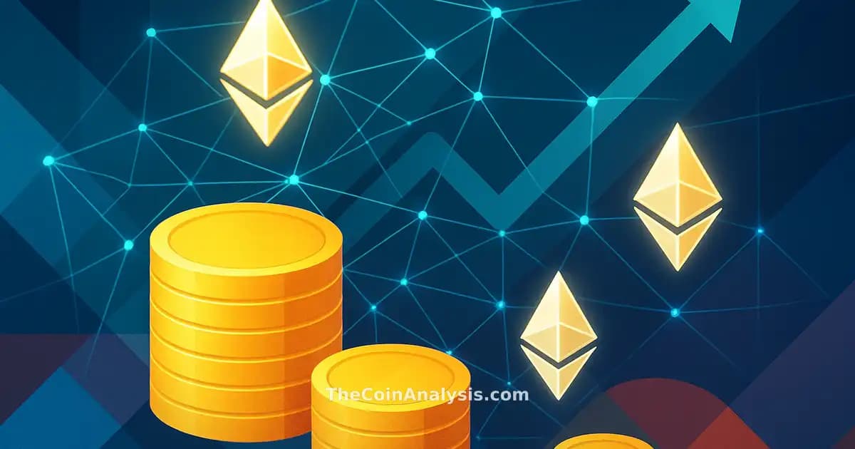 Illustration numérique de pièces Ethereum lumineuses reliées par un réseau blockchain abstrait et géométrique.