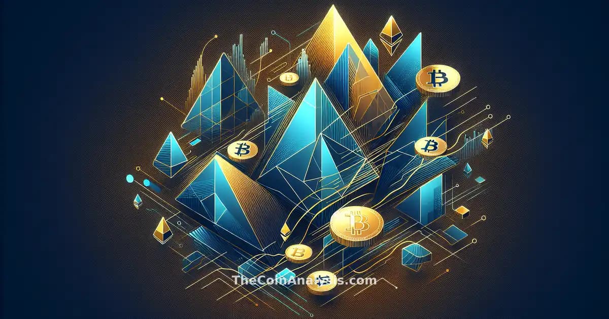 Formes géométriques bleues et dorées symbolisant Bitcoin et Ethereum avec flèches dynamiques montant et descendant.
