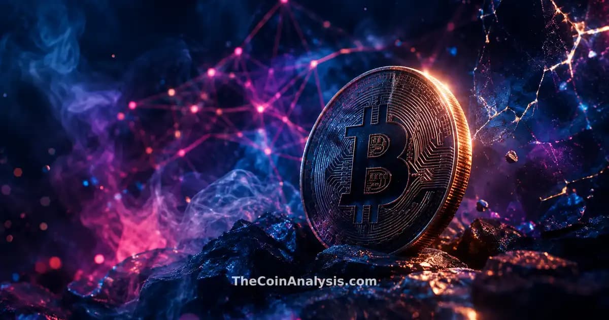 Bitcoin stylisé doré éclairé en bordure, filaments lumineux et fissures sur fond bleu nuit abstrait.