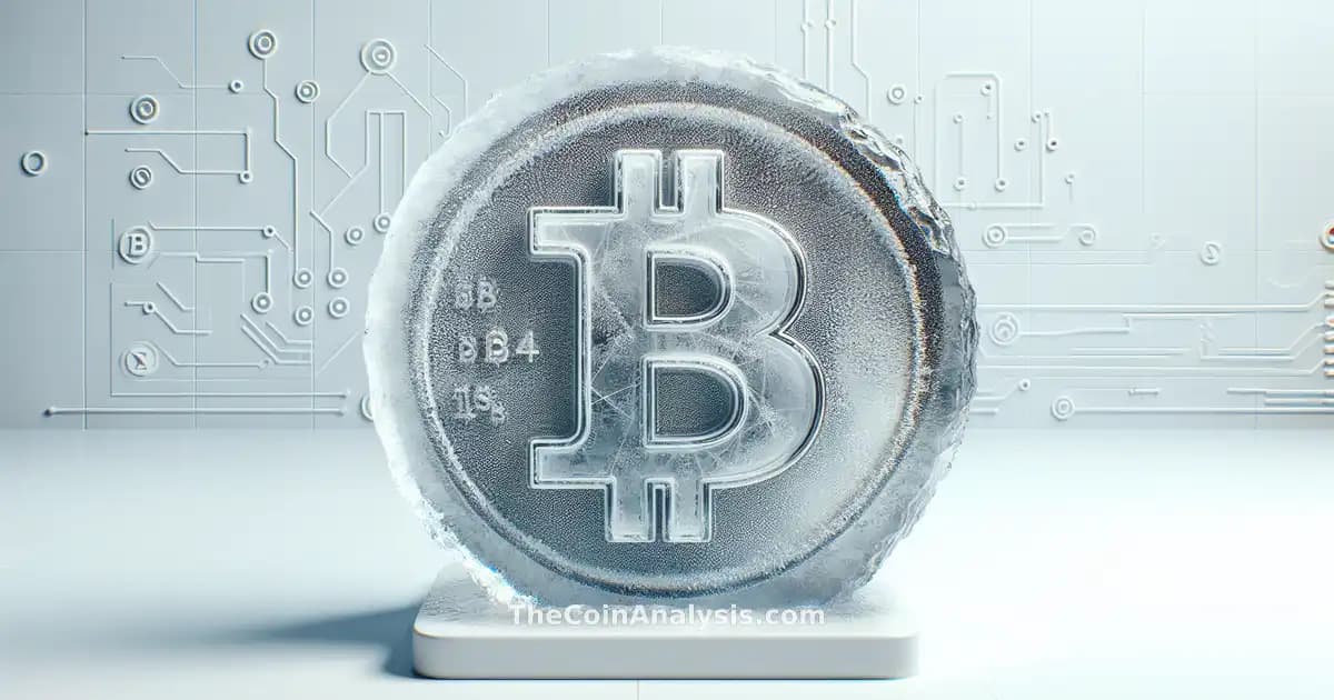 Pièce métallique Tether gelée dans un bloc de glace transparent, sur fond blanc avec symboles Tron subtils.