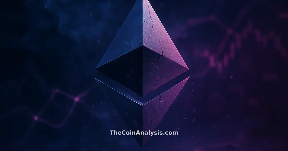 Symbole Ethereum stylisé en dissolution, filaments lumineux et particules de fumée dans un décor bleu nuit et magenta.