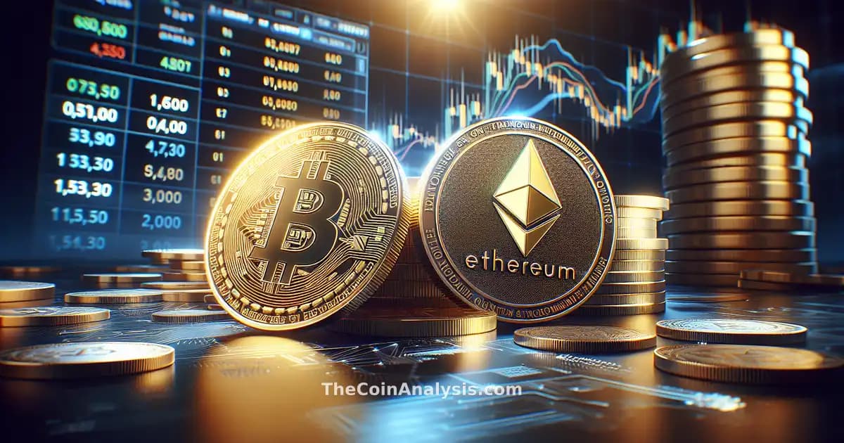 Pièces 3D d’Ethereum et Bitcoin brillantes devant un graphique boursier avec des éléments visuels de calcul quantique.