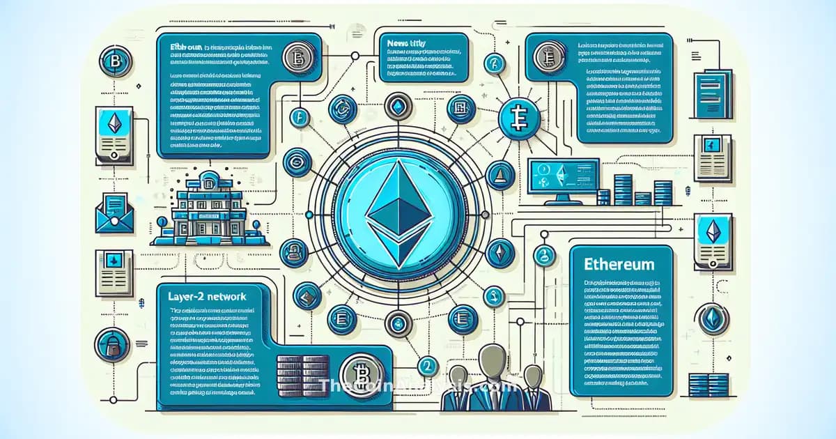 Illustration infographique moderne montrant des nœuds blockchain, logo Ethereum et icônes de tokens pour Robinhood Chain.