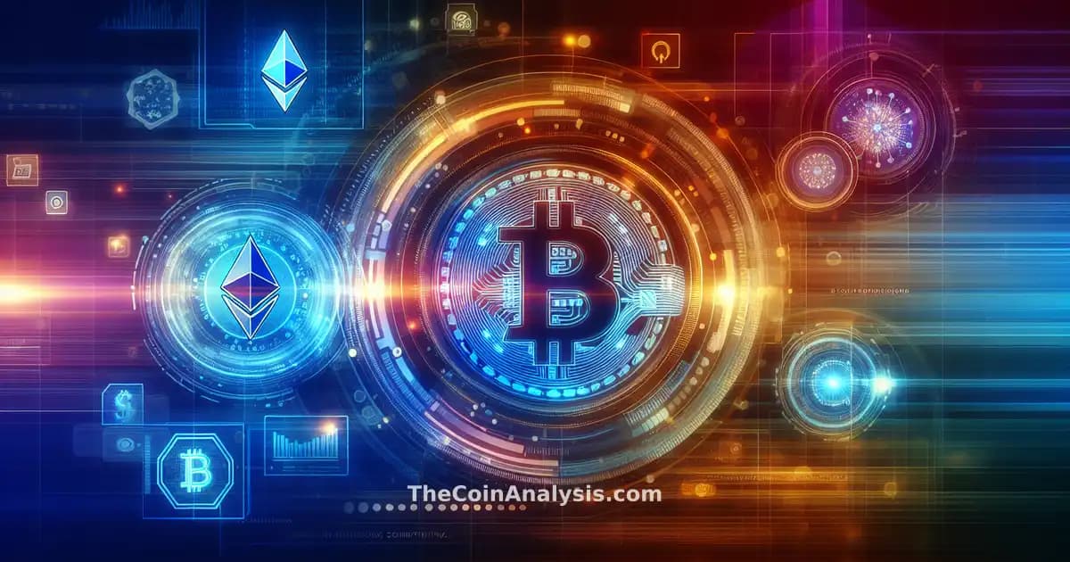 Illustration numérique montrant les symboles Bitcoin et Ethereum intégrés à des éléments quantiques futuristes lumineux.