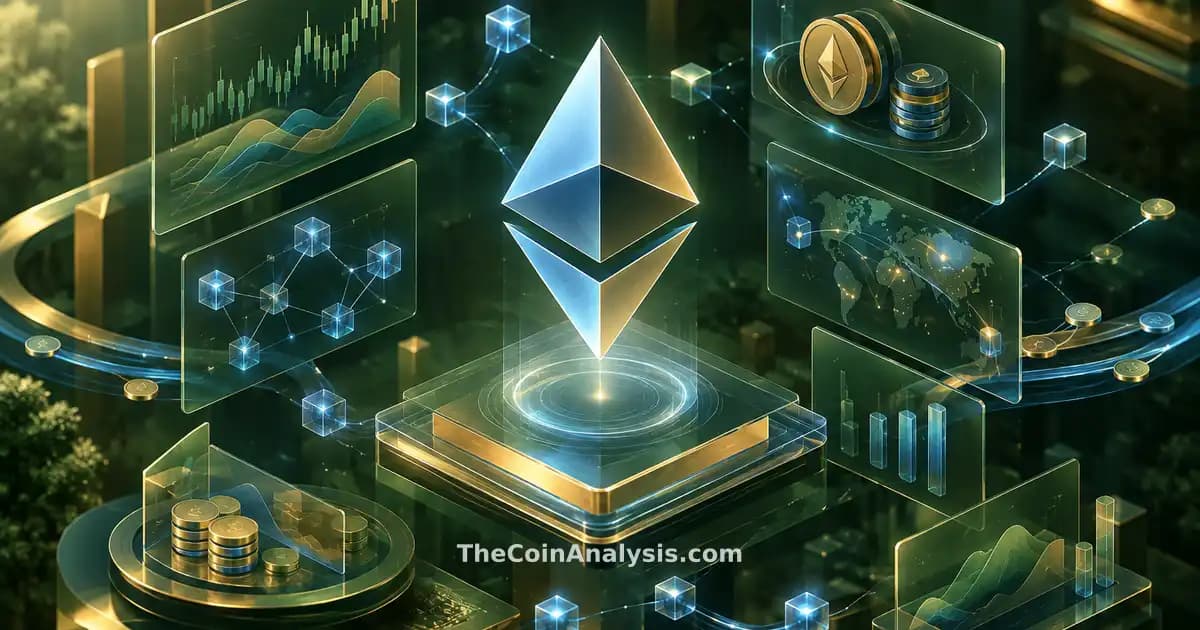 Illustration isométrique d’un glyph Ethereum stylisé au centre, panneaux en verre givré flottants et flux token holographiques.