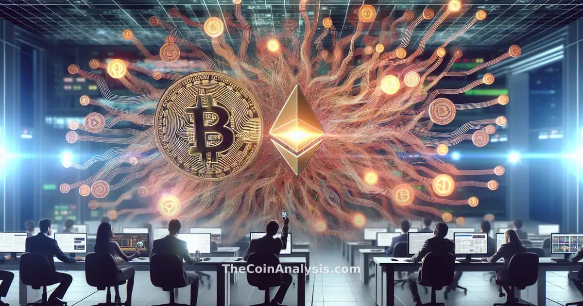 Symboles Bitcoin et Ethereum entourés de circuits quantiques lumineux dans un décor de salle de rédaction.