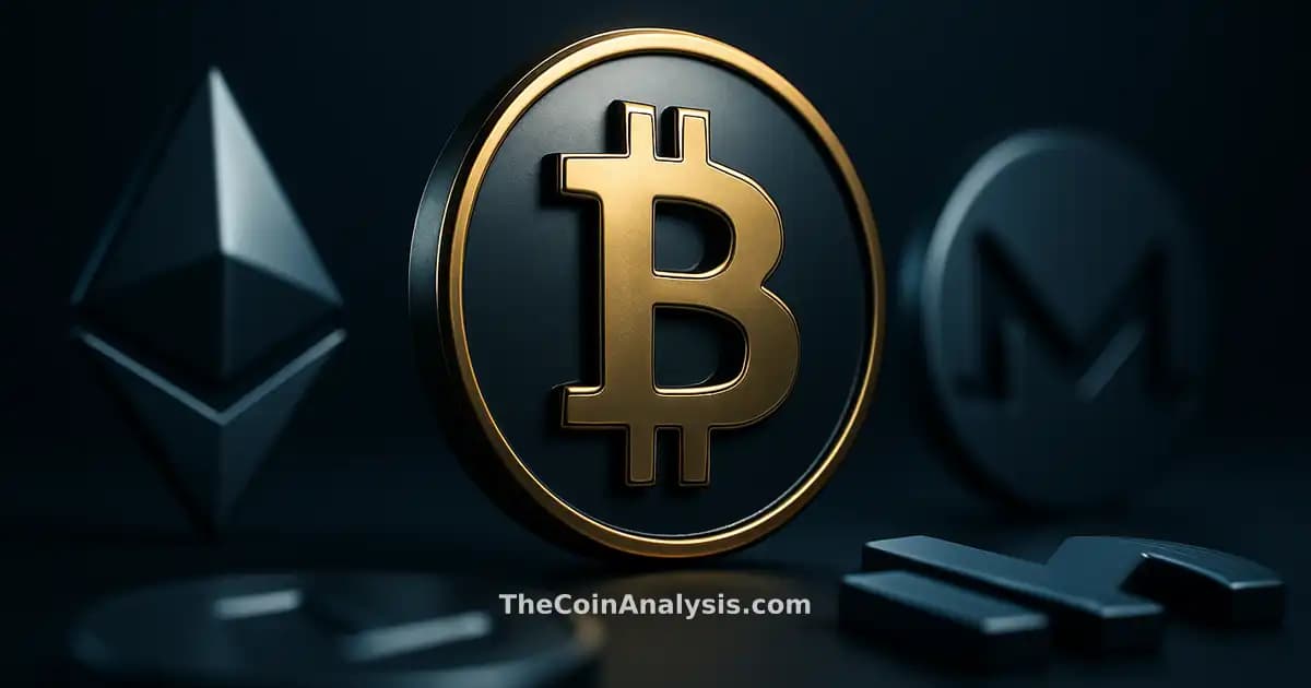 Pièce Bitcoin stylisée en 3D avec lumière dorée sur fond bleu marine sombre, ambiance cinématographique et floue.