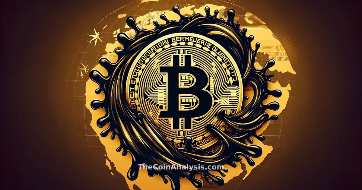 Bitcoin doré sur fond abstrait avec éclaboussures d’huile noire et contours de la carte du Moyen-Orient.