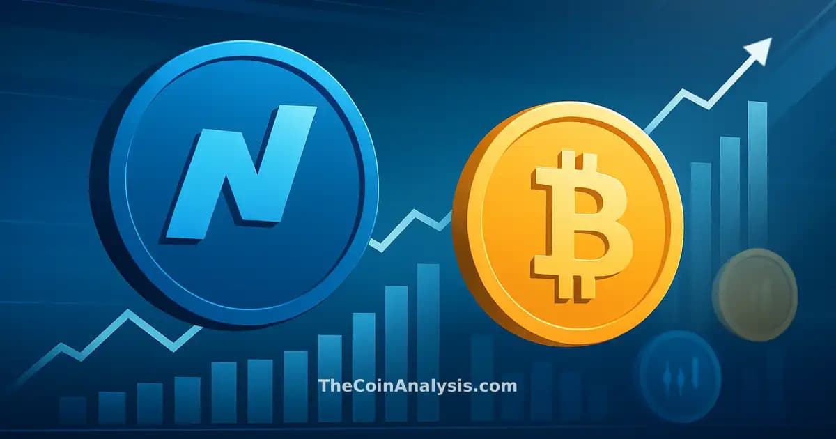 Coins Bitcoin numériques stylisés et graphiques boursiers en hausse avec logos Nasdaq sur fond de studio moderne.
