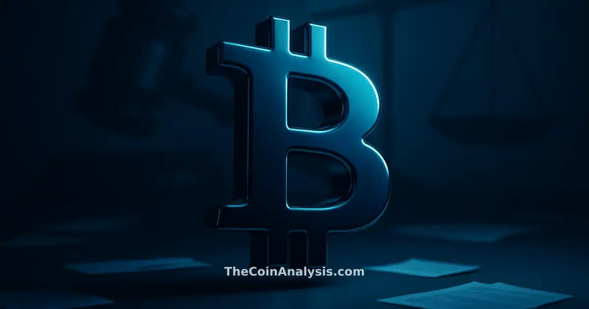 Symbole Bitcoin 3D brillant en lumière dramatique, silhouette de marteau et balances de justice en arrière-plan.
