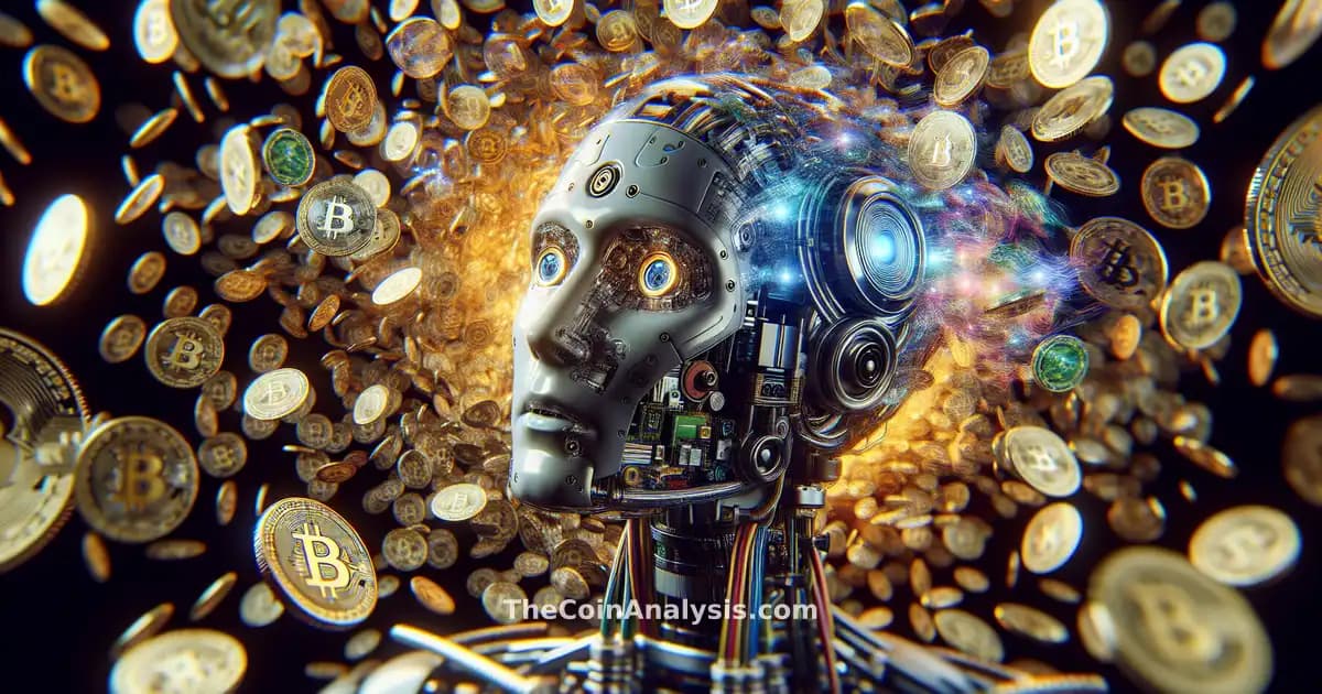 Robot humanoïde pris dans un enchevêtrement de pièces de crypto sous un éclairage dramatique évoquant tension éthique