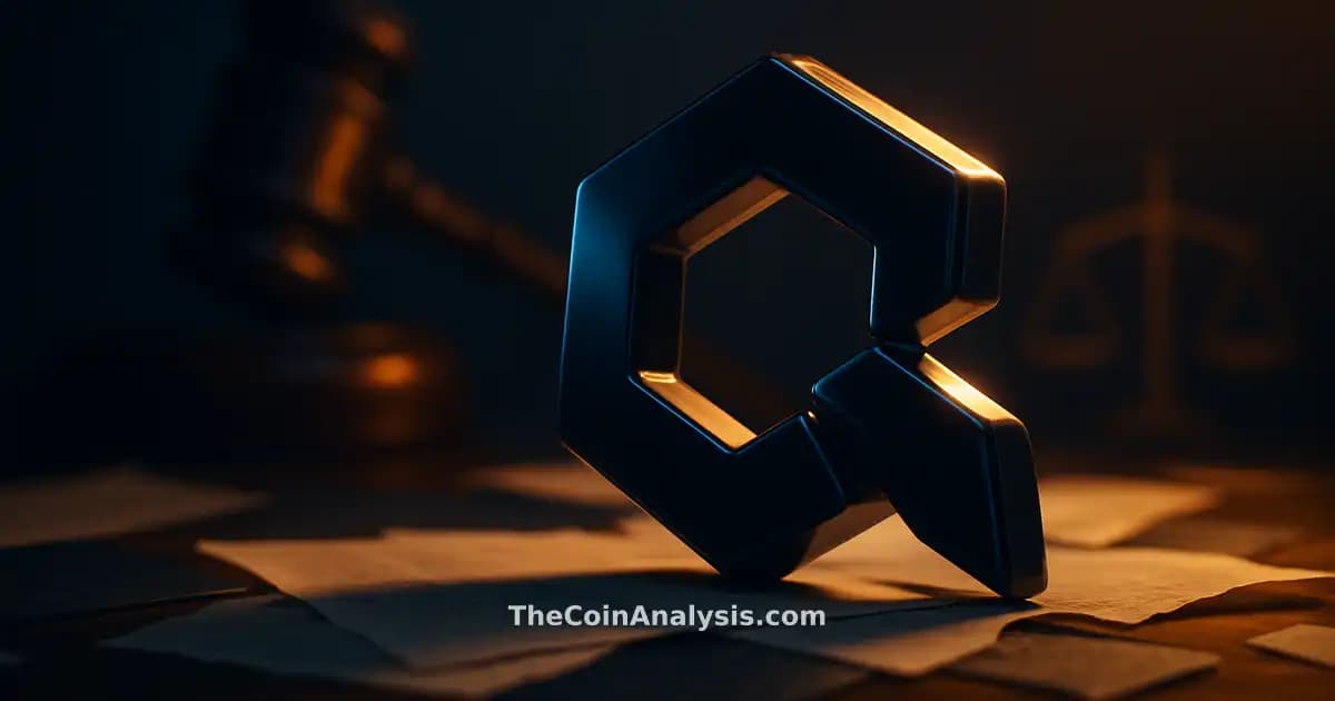 Symbole 3D brillant de la crypto Quant ($QNT) avec marteau et balances de justice en arrière-plan flou.