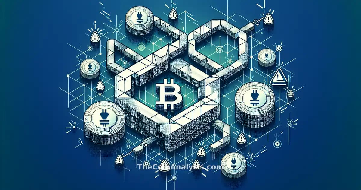 Formes géométriques abstraites, pièces fragmentées et signaux d'alarme illustrant une faille blockchain.