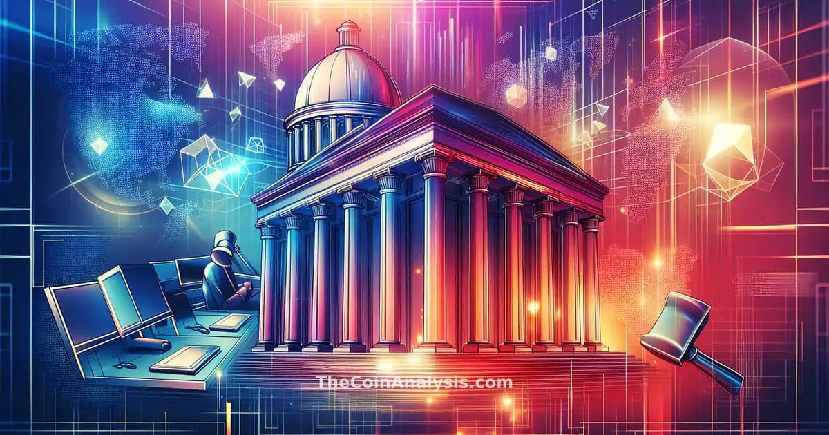 Illustration numérique du Capitole américain mêlé à une chaîne de blocs lumineuse sur fond contrasté et dramatique.
