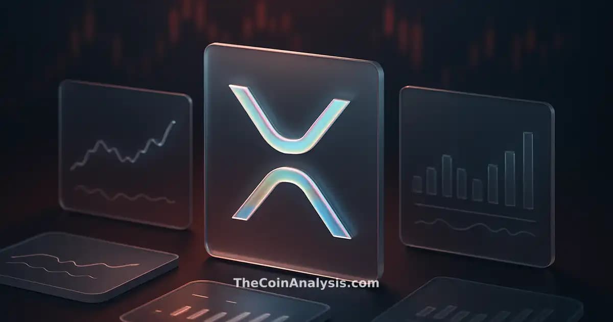 Glyph stylisé du token XRP holographique au centre, panneaux flottants en verre givré et chandeliers boursiers subtils.