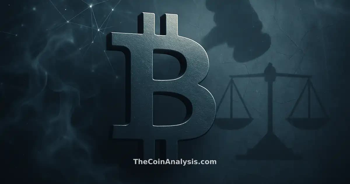 Symbole Bitcoin stylisé avec silhouette de marteau et balances de justice, fumée et filaments lumineux bleus.