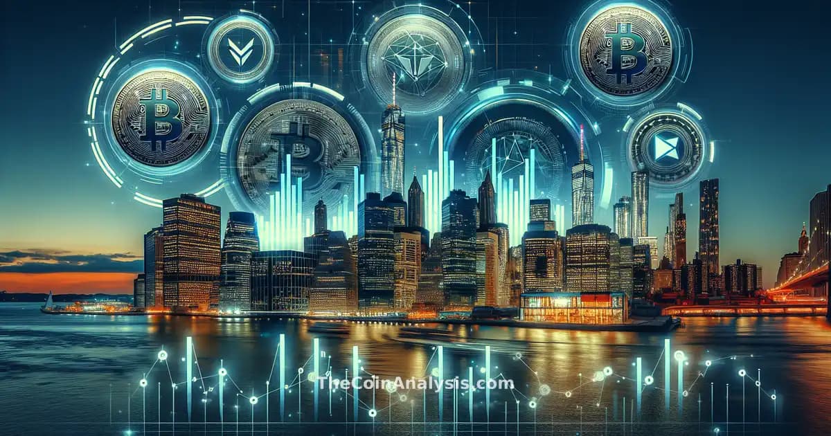 Carte en verre stylisée montrant pièces de crypto, graphiques numériques et skyline de New York en arrière-plan.