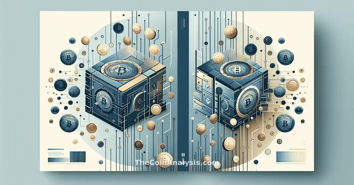 Coffre-fort cassé stylisé entouré de pièces numériques abstraites en tons bleus et dorés sur fond épuré.