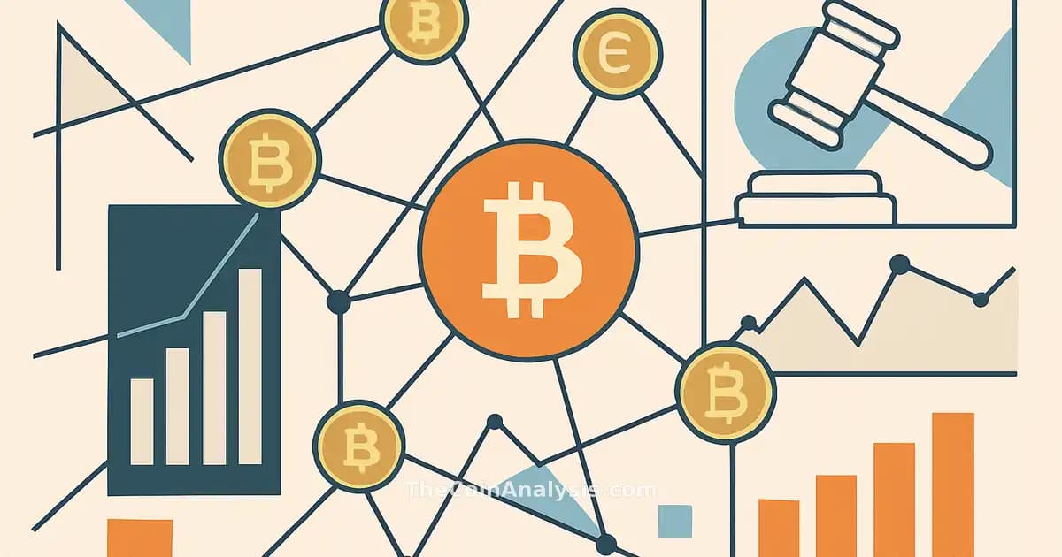 Illustration géométrique abstraite de pièces numériques, lignes interconnectées et graphiques de données financières.