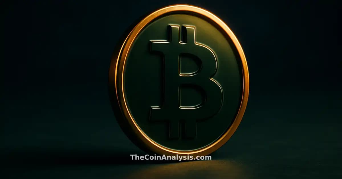Pièce Bitcoin 3D brillante avec liseré doré sur fond bleu marine sombre, éclairage dramatique et bokeh doux.