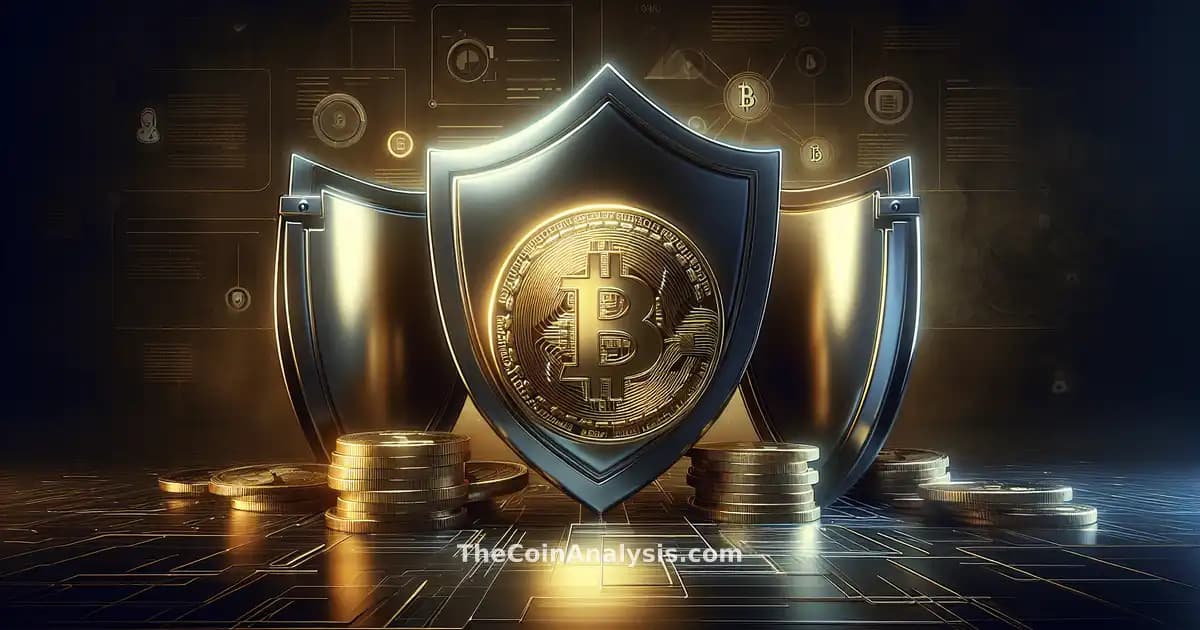 Bitcoin doré protégé par des barrières métalliques sous des tons sombres, symbolisant une protection contre le risque.