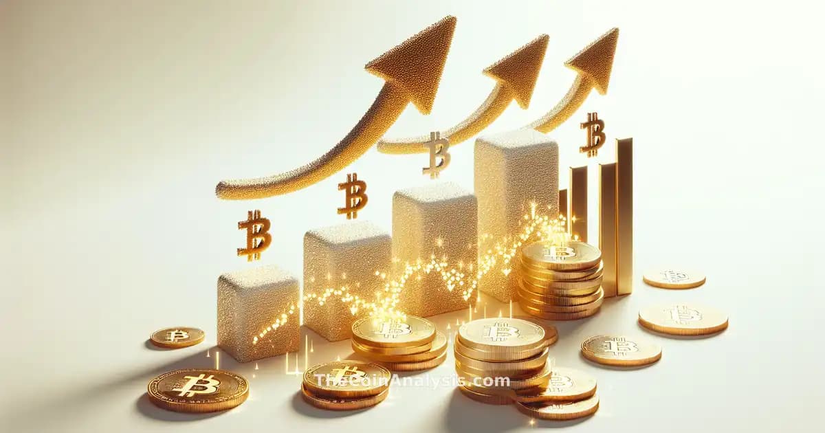 Illustration minimaliste de bitcoins dorés se transformant en flèches ascendantes représentant des actions en hausse.