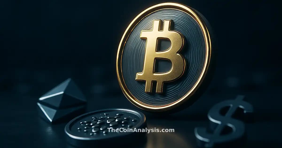 Pièce Bitcoin 3D brillante avec éclairage doré sur fond bleu marine sombre, ambiance financière institutionnelle.