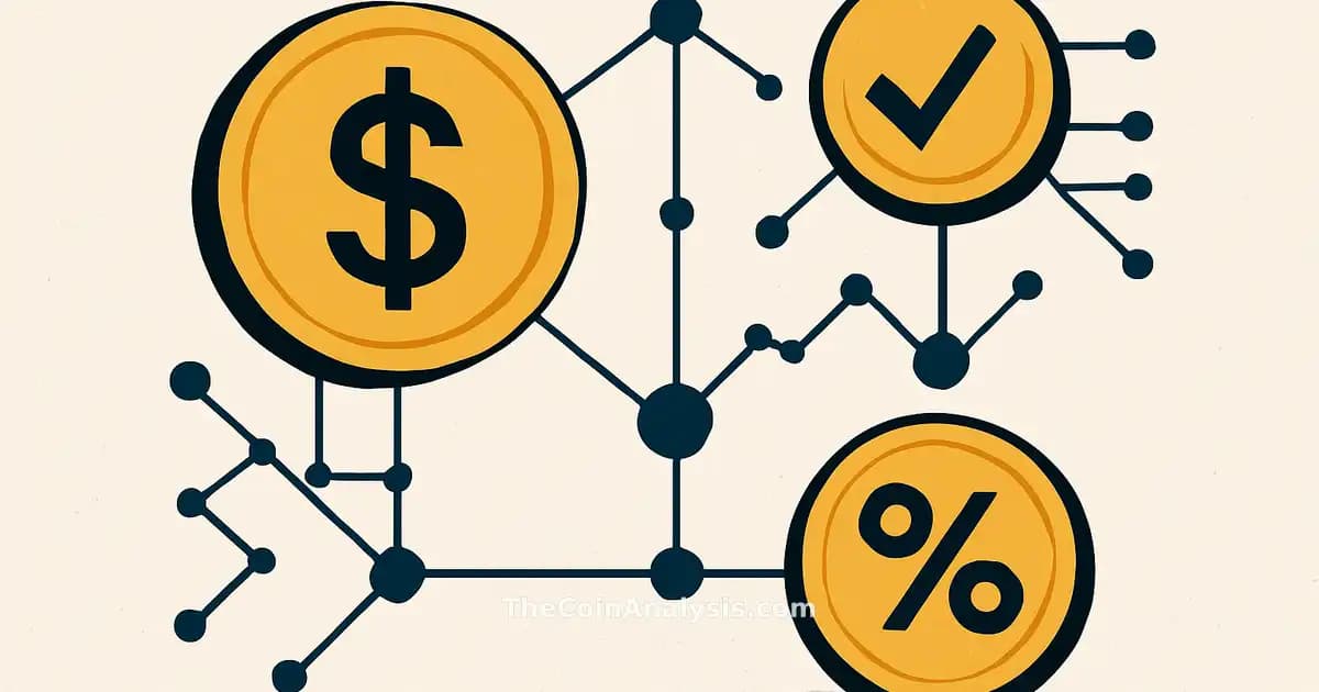 Illustration minimaliste de pièces numériques connectées par un réseau de données symbolisant la fiscalité crypto.