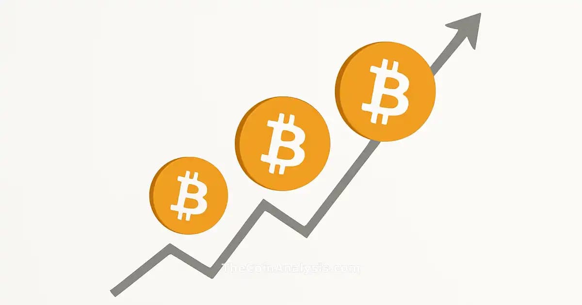Illustration minimaliste de pièces Bitcoin stylisées avec des courbes ascendantes sur fond blanc épuré.