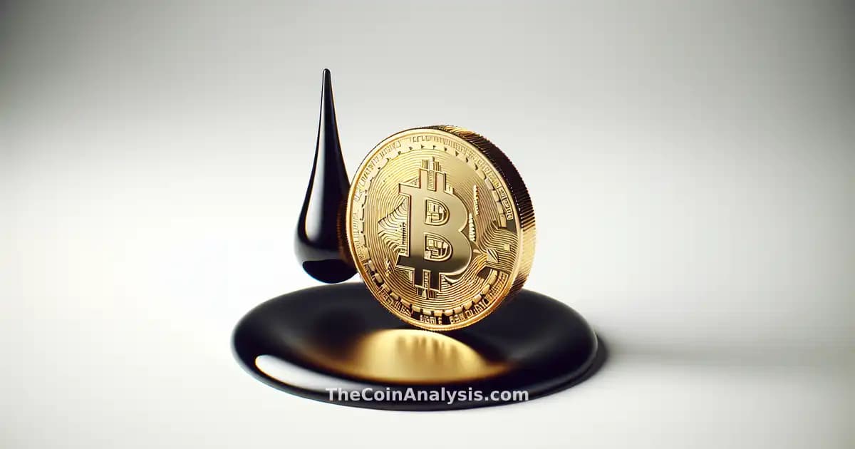 Pièce Bitcoin dorée stylisée à côté d’une goutte d’huile noire minimaliste sur fond blanc épuré.