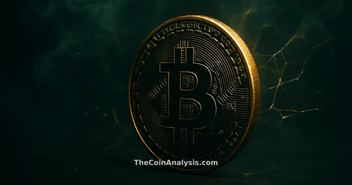 Pièce Bitcoin stylisée avec liseré doré, filaments lumineux fracturés sur fond bleu marine profond.