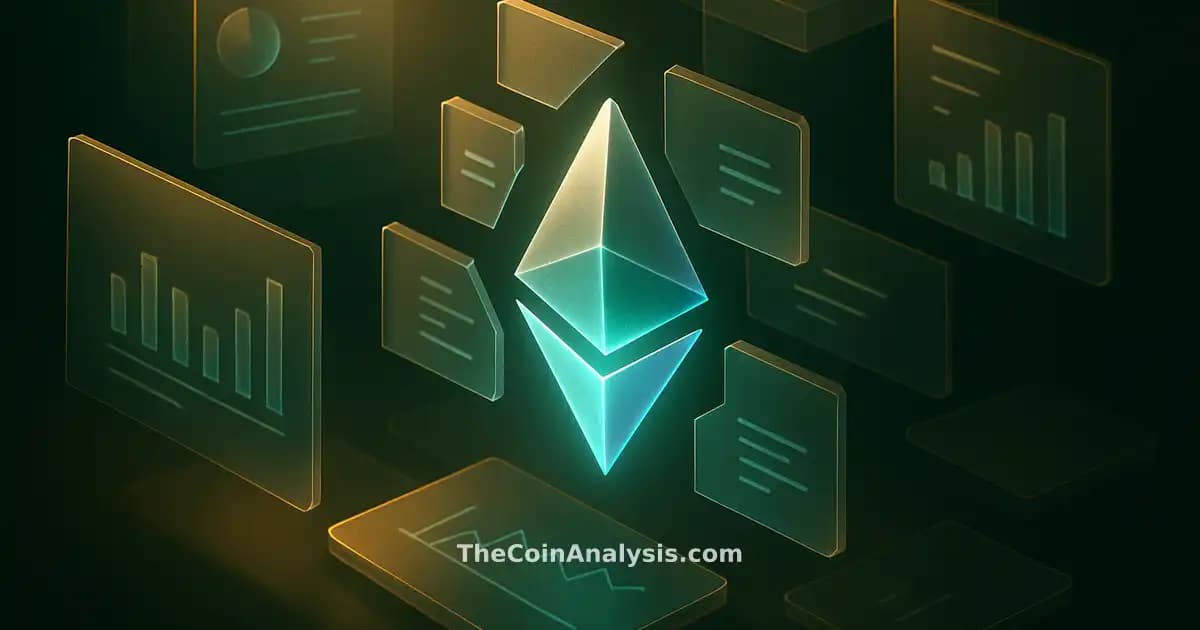 Illustration isométrique stylisée du logo Ethereum flottant, entouré de panneaux vitrifiés fragmentés évoquant la gouvernance.