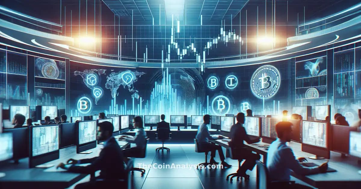 Salle de rédaction animée avec écrans affichant graphiques en chandelier, logos Binance et Bitget, ambiance intense.