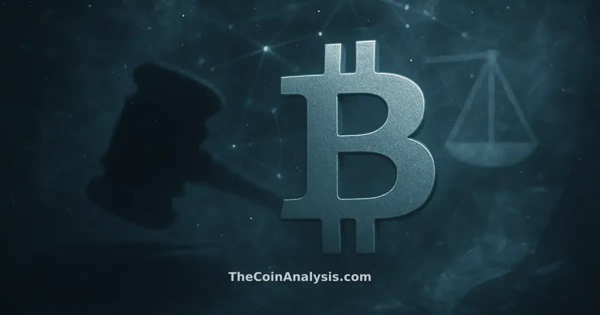 Symbole Bitcoin stylisé entouré d’un marteau de justice, balances géométriques et fragments de documents numériques.
