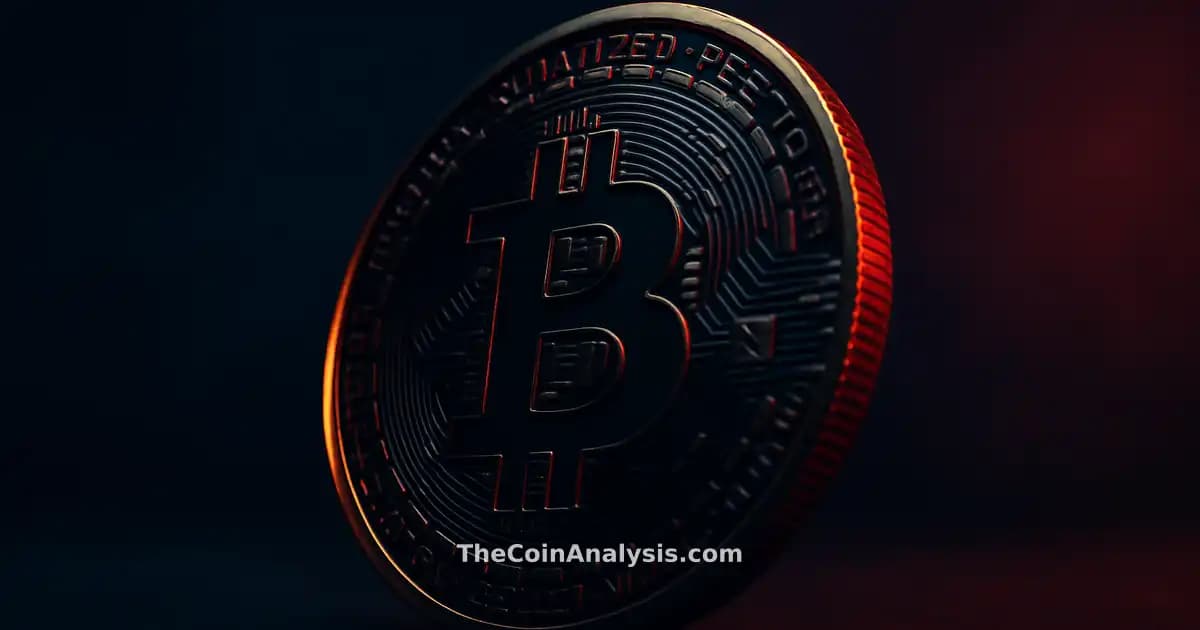 Pièce Bitcoin 3D brillante avec éclairage doré sur fond bleu marine flou, ambiance cinématographique et élégante