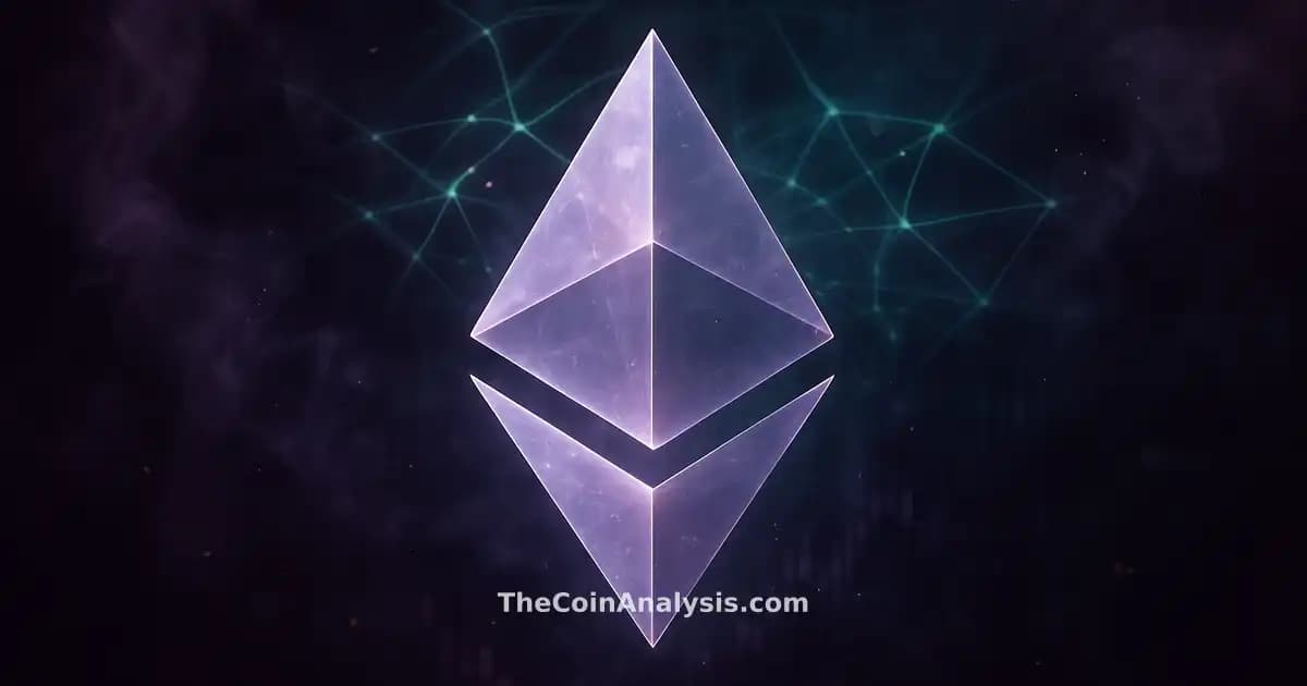 Glyphe Ethereum lumineux et translucide entouré d’effets numériques de piratage sur fond abstrait pourpre et émeraude.